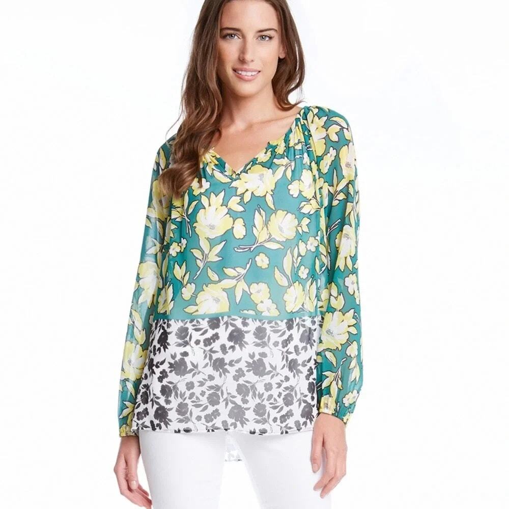 Karen Kane Green/Yellow Citrus Floral Chiffon Peasant Tunic Top SMALL Cottage
